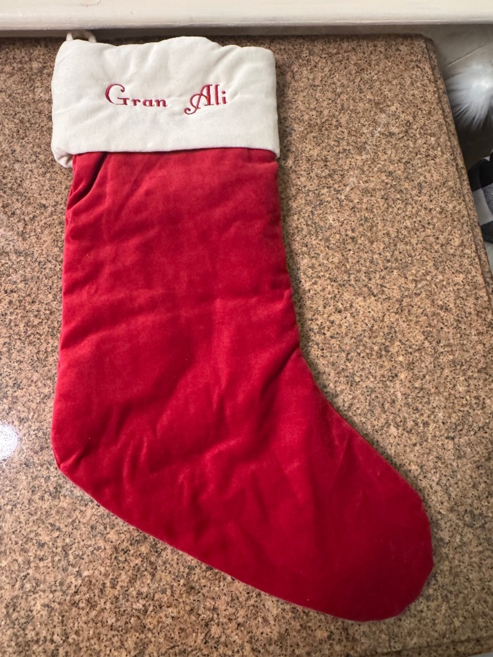 Pottery Barn red Velvet Stocking w/ "Gran Ali" personalization -- Brand New -